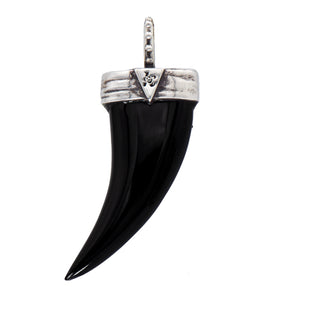 Karen Karch Back Side Draped Lucky Horn Amulet in Silver with Diamonds and Black Onyx on white background