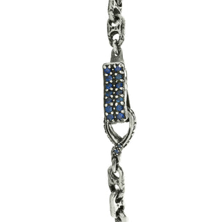 Close Up of Karen Karch Blue Sapphire Studded Spring Hook Clasp on Sterling Silver heavy 2-Hole Link Handmade Chain Necklace