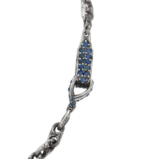 Close Up of the back of Karen Karch Blue Sapphire Studded Spring Hook Clasp on Sterling Silver heavy 2-Hole Link Handmade Chain Necklace