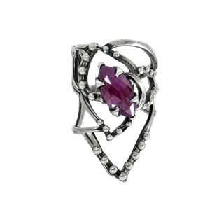 Karen Karch Silver Jaipur Rose Tattoo Marquise Rose Cut Ruby Ear Cuff on white background.
