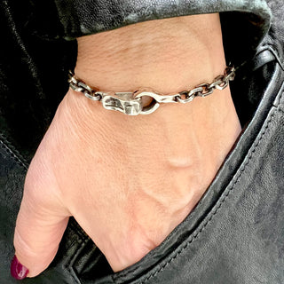 Karen Karch Hooked Silver 5mm Diamond Cut Cable chain bracelet with Handmade Weathered Spring Hook Clasp on a wrist, view 2.