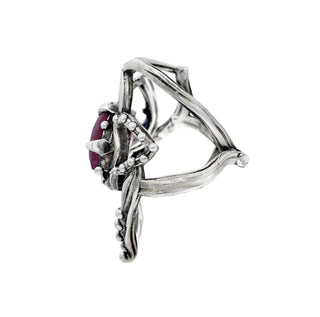 Karen Karch Silver Jaipur Rose Tattoo Marquise Rose Cut Ruby Ear Cuff side view on white background.