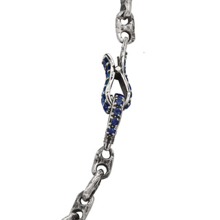 Close Up of the side of Karen Karch Blue Sapphire Studded Spring Hook Clasp on Sterling Silver heavy 2-Hole Link Handmade Chain Necklace
