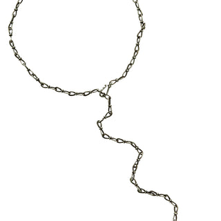 Karen karch Jaipur Infinite sterling silver handmade chain with figure eight shaped links detailed with 4 balls at the center, shown shaped as a lariat