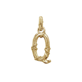 Karen Karch textured 10k yellow gold charm in the shape of the letter 'Q' with a vine-detail and rectangular bail on white background.