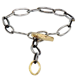 Karen Karch 10k yellow gold  Weathered Outshine Toggle and Oval Loop Clasp on Silver Oval Link Chain adjustable length bracelet on white background.