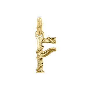 Karen Karch textured 18k yellow gold charm in the shape of the letter 'F' with a vine-detail and rectangular bail on white background.