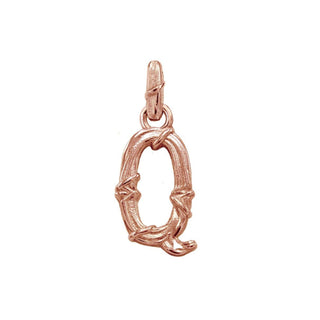 Karen Karch textured 18k rose gold charm in the shape of the letter 'Q' with a vine-detail and rectangular bail on white background.