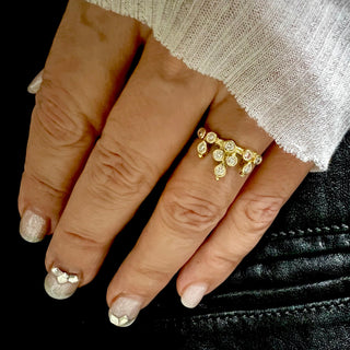 Karen Karch 18k Yellow Gold Belgian Tiara Ring with 10 diamonds clustered in a crown shape on hand
