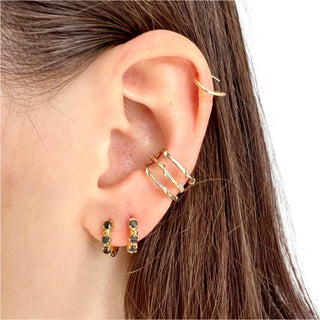 Karen Karch Triple Vine yellow gold ear cuff with three rows of textured twining vines styled on the ear with black diamond gold vine sleeper hoops