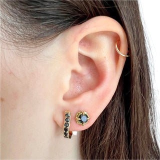 Karen Karch Black Diamond Yellow Gold Vine & Thorn Stud Earrings styed with Black Diamond Gold Mainstay Cuff Hoop Earrings