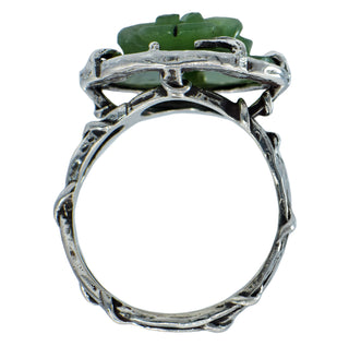 Karen Karch Silver Gabrielle Rosebud Carved Jade Ring, top view on white.