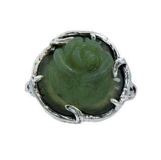 Karen Karch Silver Gabrielle Rosebud Carved Jade Ring, on white.