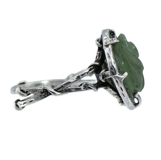 Karen Karch Silver Gabrielle Rosebud Carved Jade Ring, side view on white.