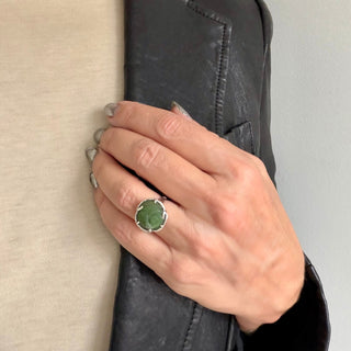 Karen Karch Silver Gabrielle Rosebud Carved Jade Ring, on hand