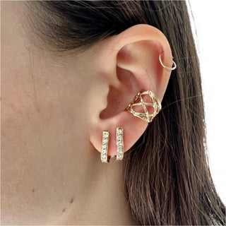 Karen Karch gold fishnet vine pattern ear cuff styled with pair of diamond Mainstay Cuff Hoops