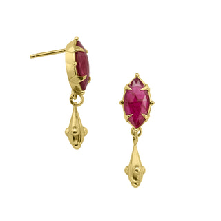 Karen Karch pair of gold earrings featuring marquise-shaped ruby gemstones with ball-detailed gold drops.