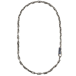 Karen Karch Sterling Silver heavy 2-Hole Link Handmade Chain Necklace with Blue Sapphire Studded Spring Hook Clasp