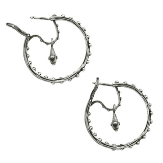 Karen Karch Jaipur Evermore pair of 1-inch silver hoop earrings with a repeating ball detail and drops side view with one back open and one closed