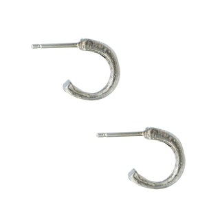Karen Karch Mainstay weathered silver hoop earrings, side view on white background