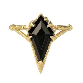 Karen Karch by Deme Wolfe diamond-shaped black onyx gemstone set in a chiseled 14k yellow gold band ring.