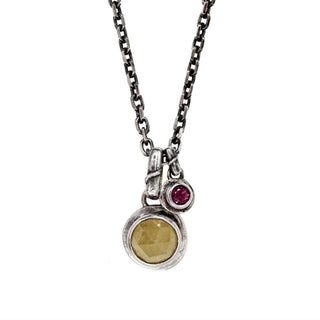 Karen Karch Double Inner Circle Silver Necklace with One Large Yellow Diamond Charm and One Small Ruby Charm