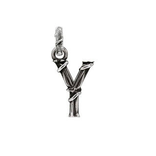Karen Karch textured silver charm in the shape of the letter 'Y' with a vine-detail and rectangular bail on white background.