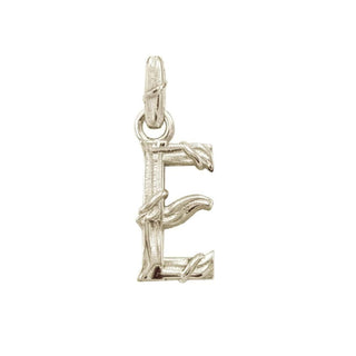 Karen Karch textured white gold charm in the shape of the letter 'E' with a vine-detail and rectangular bail on white background.