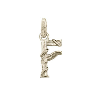 Karen Karch textured white gold charm in the shape of the letter 'F' with a vine-detail and rectangular bail on white background.