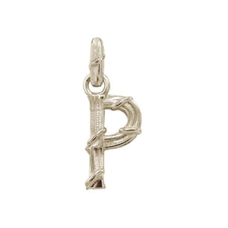 Karen Karch textured white gold charm in the shape of the letter 'P' with a vine-detail and rectangular bail on white background.