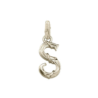 Karen Karch textured white gold charm in the shape of the letter 'S' with a vine-detail and rectangular bail on white background.