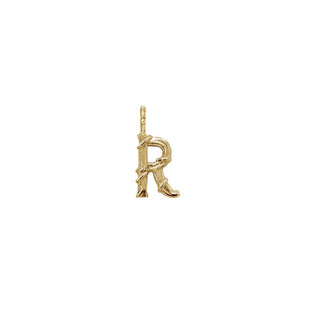 Karen Karch Textured Yellow Gold Mini Entwined Letter 'R' pendant on a white background.