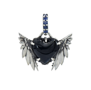 Karen Karch by Deme Wolfe Black Onyx Sapphire Silver Double Victory Winged Heart Amulet on White Background