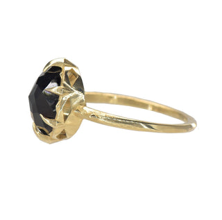 Karen Karch by Deme Wolfe Large Rose Cut Black Onyx Gemstone 10k Yellow Gold Mystical Crown Solitaire Ring, side view, on White Background.