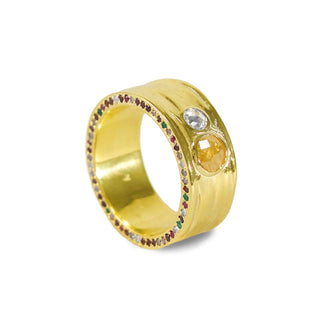 A Rose Cut Yellow Diamond, representing the Sun, a diamond representing the Moon, are set into this Out-of-the-ordinary and Out-of-this-word Yellow Gold men's wedding band. Studded with a random mix of colorful gems and diamonds. This One-of-a-kind band is made by New York's best custom jewelry designer, Karen Karch. Visit our Gramercy store or explore our previous custom designs at www.karenkarch.com!