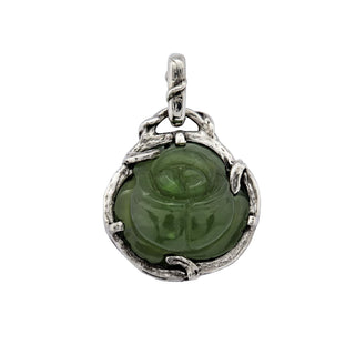 Karen Karch silver charm with a green jade rosebud carving on a vine detailed bail on white background