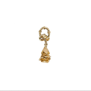 Karen Karch Reminiscent Rose gold rosebud charm with a twining vine that forms a loop ending in a ruby back side