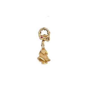 Karen Karch Reminiscent Rose yellow gold rosebud charm with a twining vine that forms a loop ending in a ruby to add to a chain.