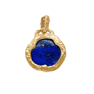 Karen Karch back side of textured 14k Gold pendant with a Lapis blue rose design on a vine detailed bail on white background