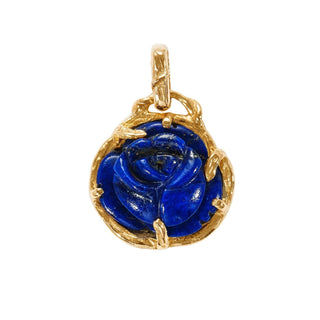 Karen Karch 14k Gold pendant with a Lapis blue rose design on a vine detailed bail on white background