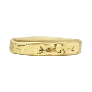 Karen Karch History Weathered Irregular edge 18k yellow gold 4mm band on white background.