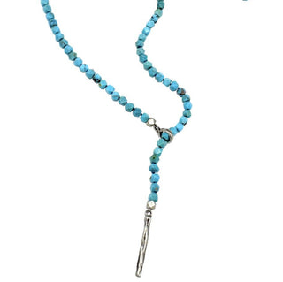 A turquoise lariat necklace with a silver weathered texture loop and a pull-through bar closure, necklace0n,  by Karen Karch