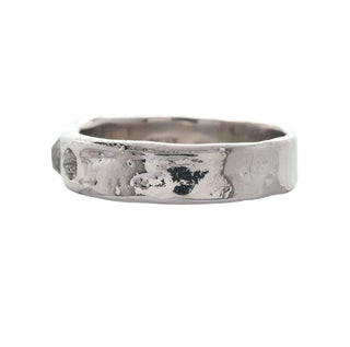 A Karen Karch Platinum unisex band ring with two rose-cut salt & pepper diamonds of different sizes sunken into the surface, side view,  on a white background.