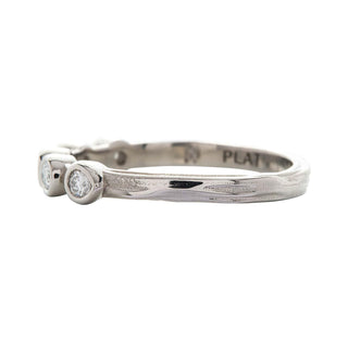 Karen Karch Turned Out Grace Platinum Weathered Band with 5 bezel set diamonds, the end 2 beazels are pear shape, side view on white background
