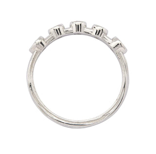 Karen Karch Turned Out Grace Platinum Weathered Band with 5 bezel set diamonds, the end 2 beazels are pear shape, top view on white background