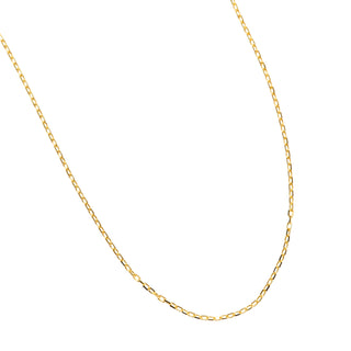 Karen Karch 1.8mm 14k yellow gold diamond-cut cable chain close up on white background.