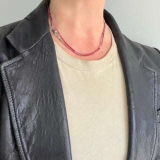 Karen Karch Silver VINE TATTOO HOOKED Clasp close up on Bead LITHE necklace in pink to red shaded 2mm faceted round beads shown doubled on a neck.