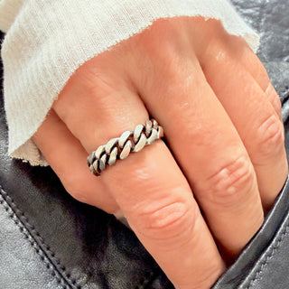 Karen Karch Sterling Silver Chain Ring  on pointer finger of a hand.