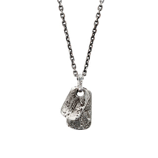 Karen Karch Unearthed Layered Tags on chain in silver on white backround