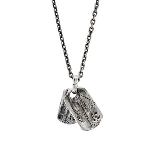 Karen Karch Back Side Unearthed Layered Tags on chain in silver back side on white backround